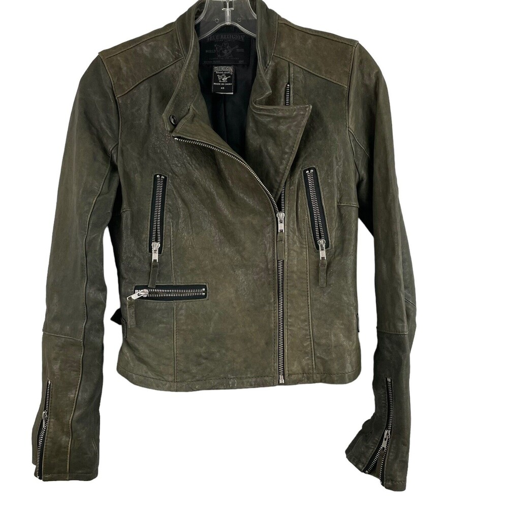 True Religion Lamb Skin Gray Leather Moto Jacket XS Zippers Buckles